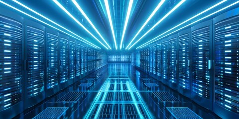 Fototapeta premium A large data center with rows of blue glowing computer walls, representing the vast and complex networked structure behind modern technology and web AI concepts Generative AI