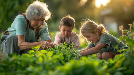 Intergenerational Gardening Bond: Elderly Woman Guiding Children in Nature