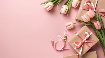 Obraz na płótnie Canvas A Festive Gift with Pink Tulips