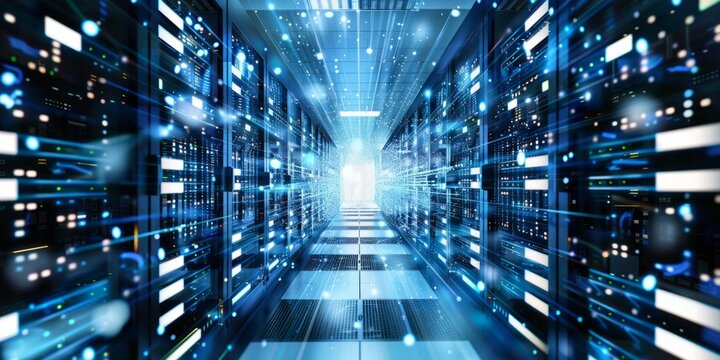 A digital background of an illuminated data center with blue lights and white LED logos, surrounded by rows of black server racks filled with glowing symbols Generative AI