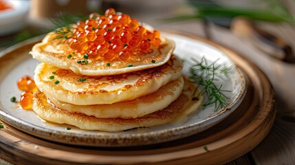 Russian blini with caviar on white ceramic plate on wooden table. Crepes or thin pancakes with red caviar. Rich flavors on a plate.