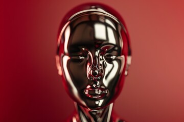 a shiny silver sculpture of a woman with her mouth open.