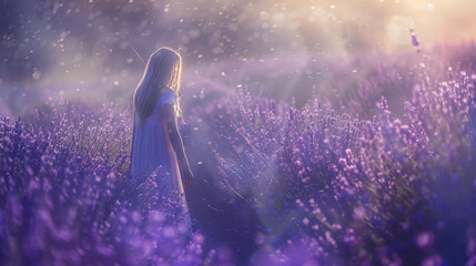 A woman walks through a misty lavender field at dawn, the early morning light casting a magical...
