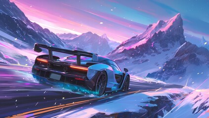 A futuristic sports car is driving on the road, surrounded by mountains and neon lights.