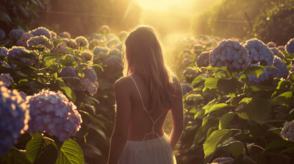 A woman stands facing away, lost in a sea of hydrangea flowers shrouded in the gentle mist of an early morning sunrise.. - obrazy, fototapety, plakaty
