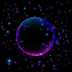 Vector image of the abstract background with the circle, stars and the sparkles. Cosmic background.