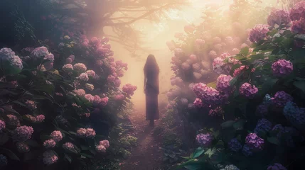 Zelfklevend Fotobehang A woman stands facing away, lost in a sea of hydrangea flowers shrouded in the gentle mist of an early morning sunrise.. © bajita111122