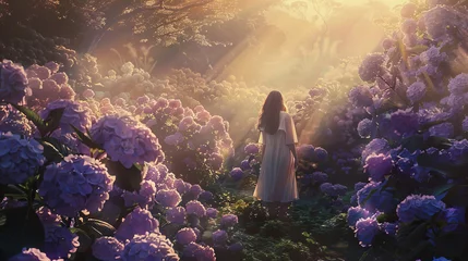 Tuinposter A woman stands facing away, lost in a sea of hydrangea flowers shrouded in the gentle mist of an early morning sunrise.. © bajita111122