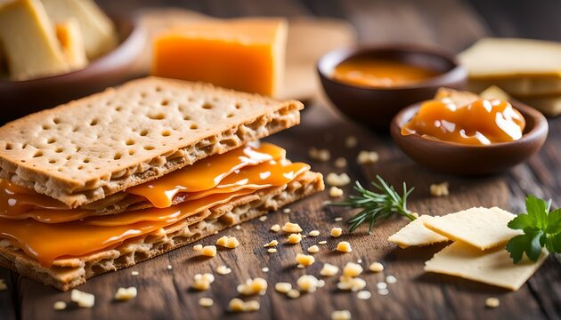 crispbread with Norwegian brunost traditional brown cheese
