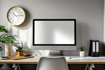 photo of an empty frame on the wall above desktop computer