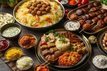 Eid al-Adha. Various food types on table including ingredients, dishes, and garnishes. Generative AI - obrazy, fototapety, plakaty