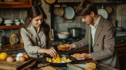 Young Couple Enjoying Cooking Breakfast Together in Rustic Kitchen