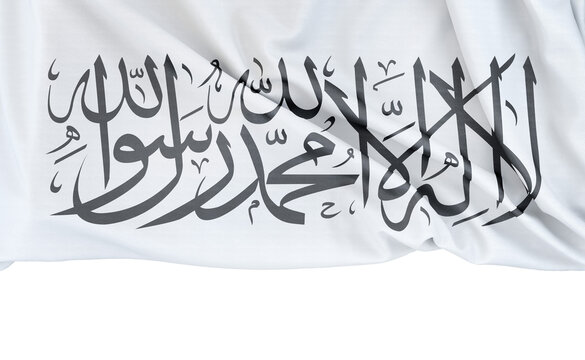 Flag of Islamic Emirate of Afghanistan isolated on white background with copy space below. 3D rendering