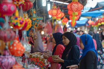 Women at a temple market browsing lanterns among the crowd. Generative AI
