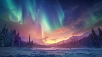 Beautiful aurora northern lights in night sky with snow mountain forest in winter. - obrazy, fototapety, plakaty