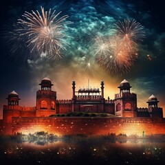 Fototapeta na wymiar illustration of Red Fort at Night with Fireworks India Tourism Attra, Generative ai