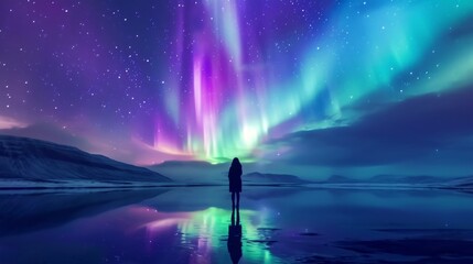 A person stands by ice snow lake with beautiful aurora northern lights in night sky in winter. - obrazy, fototapety, plakaty