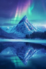 Rideaux tamisants Aurores boréales Beautiful aurora northern lights in night sky with lake snow forest in winter.