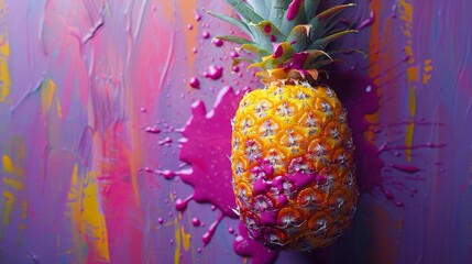 A ripe pineapple stands out against a backdrop splashed with vivid pink and yellow paint, creating...
