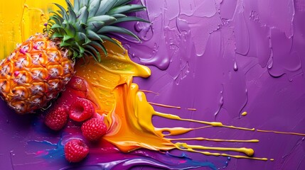 A tropical pineapple and juicy raspberries lie on a vibrant canvas smeared with colorful paint strokes in purple and yellow.