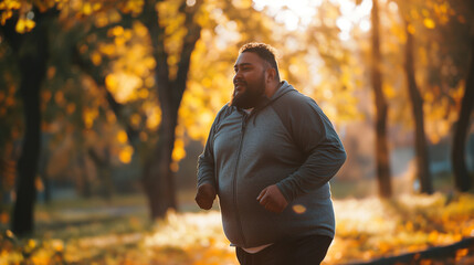 Overweight Man Running in Park, Autumn Fitness, Healthy Lifestyle