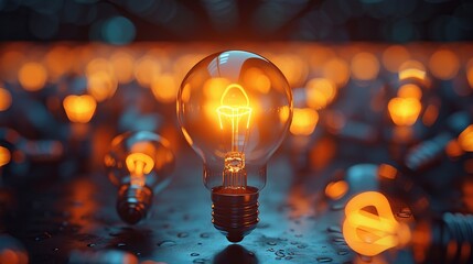 A striking image of a lone light bulb radiating a warm, intense light within a field of subdued, glowing bulbs, creating an atmosphere of focus and uniqueness.