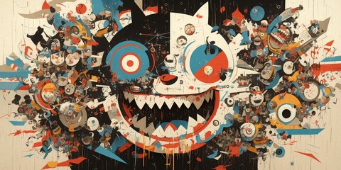 A mural of graffiti art depicting an abstract face with large eyes, wide open mouth and sharp teeth