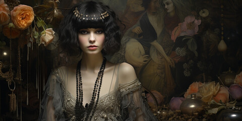 portrait of a pale gothic woman in a 1920s bohemian egyptian revival nouveau style, widescreen space for text