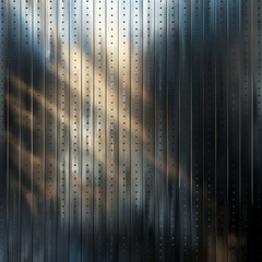 Close-up of a textured metallic wall with rivets, showcasing reflections and unique patterns on its dark, glossy surface..