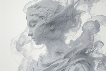 A mysterious and ethereal figure made of smoke, with closed eyes and hair blowing in the wind against a white background. 