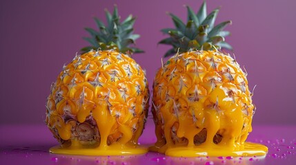 Two pineapples stand side by side, covered in dripping yellow paint against a contrasting pink...