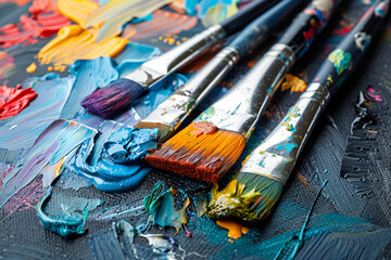Close-up of a vibrant artist's palette with thick, textured oil paints and a paintbrush, showcasing...