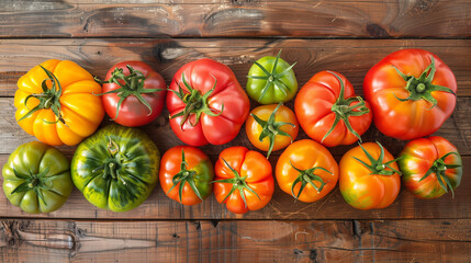 Assorted Colorful Heirloom Tomatoes on Wooden Surface, Fresh Organic Produce