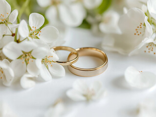 Golden Wedding Bands Amidst White Blossoms, Romantic Matrimony Symbol