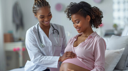 A joyful pregnant woman receives a checkup from her doctor, embodying care and support in a maternal health setting