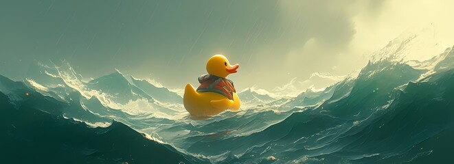rubber duck in life jacket floating on stormy sea  - obrazy, fototapety, plakaty