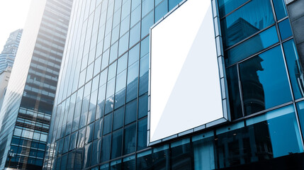 Billboard advertisement template attached to a glass building, the white poster design standing out against the sleek and reflective urban backdrop.