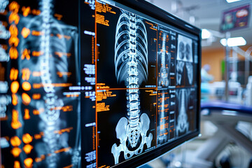 Medical Imaging Screens Showing Spine X-Rays, Radiology, Diagnostic Healthcare