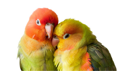 Two parrots are sitting on a white background
