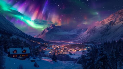Village houses and lights with snow mountains and beautiful aurora northern lights in night sky in winter. - obrazy, fototapety, plakaty