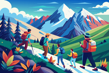 Poster tour of a company that travels to the Caucasus mountains. People with backpacks climb mountains