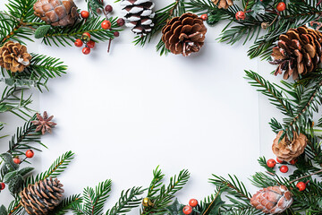 Fototapeta na wymiar Festive Christmas Frame with Pine Cones and Berries. Copy space