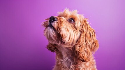 dog maltipoo golden color looking up isolated over purple background in neon light