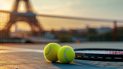 Tennis rackets and ball on court with Eiffel Tower in soft focus behind. Major sporting events, Olympics 