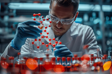 A detailed 3D rendering of a complex molecular structure with colorful atoms connected by bonds, representing scientific molecular research.
