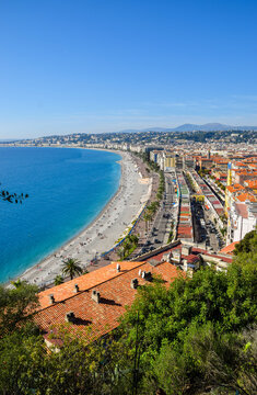 Aerial panoramic view of Baie des Anges sea, beaches and promenade. in Nice, South of France.