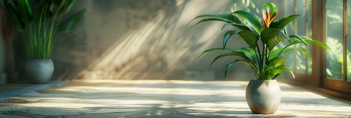 Elegant potted plant in a white vase stands in a sunlit room with long shadows - obrazy, fototapety, plakaty