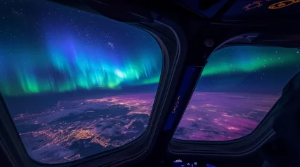 Foto op Plexiglas Inside view from an airplane flying in sky with beautiful aurora northern lights in night sky in winter. © rabbit75_fot