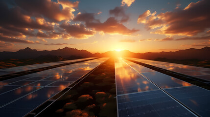 solar energy panels on sunset sky background 3d rendering image. - obrazy, fototapety, plakaty