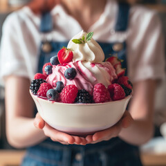 person holding a bowl of ice cream and berries